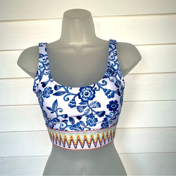 Blue and White Sleeveless Crop Bikini Top RUNS BIGGER SIZE LIKE MEDIUM NWT - Picture 1 of 4